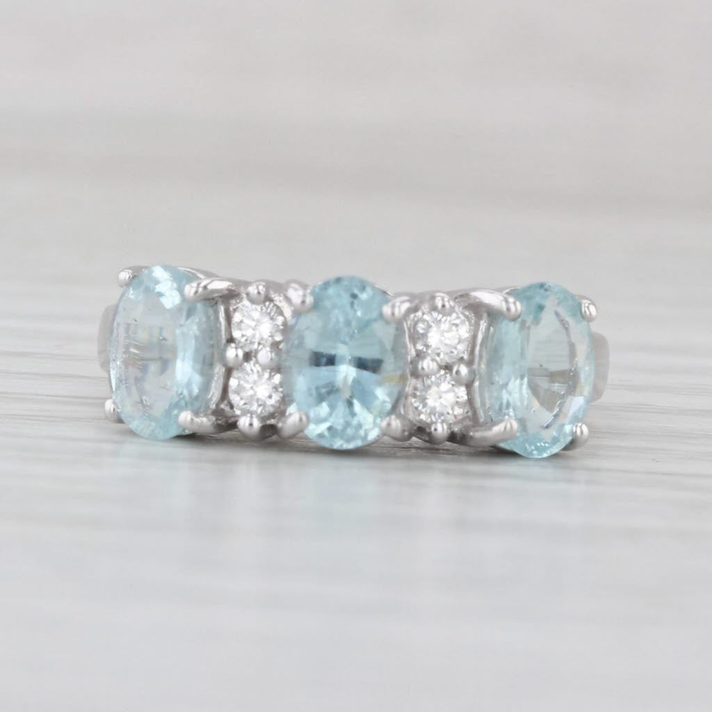 2.18ctw 3-Stone Aquamarine Diamond Ring 18k White Gold Size 8
