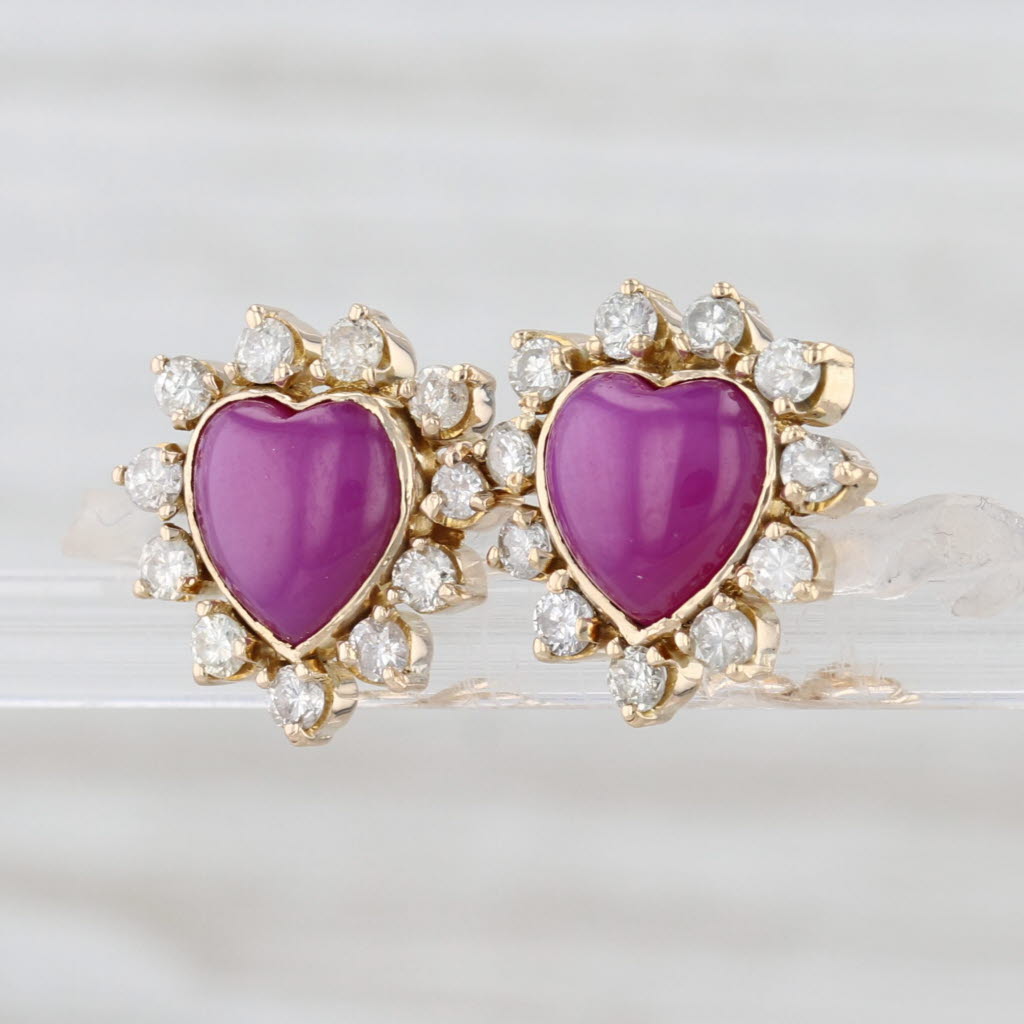 Lab Created Star Ruby Heart Cabochon Diamond Halo Stud Earrings 13k Yellow Gold