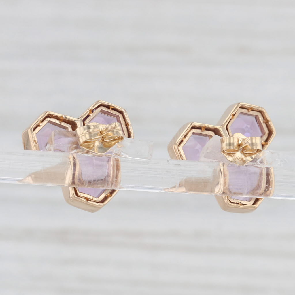 Light Gray New Amethyst Hexagon Cluster Stud Earrings 14k Yellow Gold