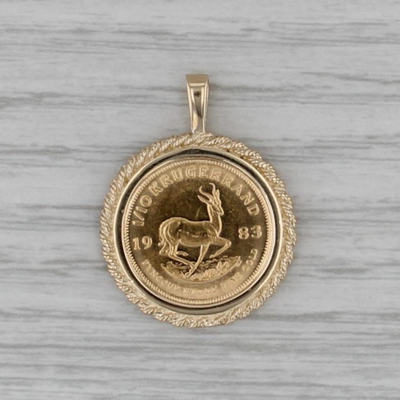 1/10 oz Fine Gold 1983 South African Krugerrand Coin Pendant 14k 22k Yellow Gold