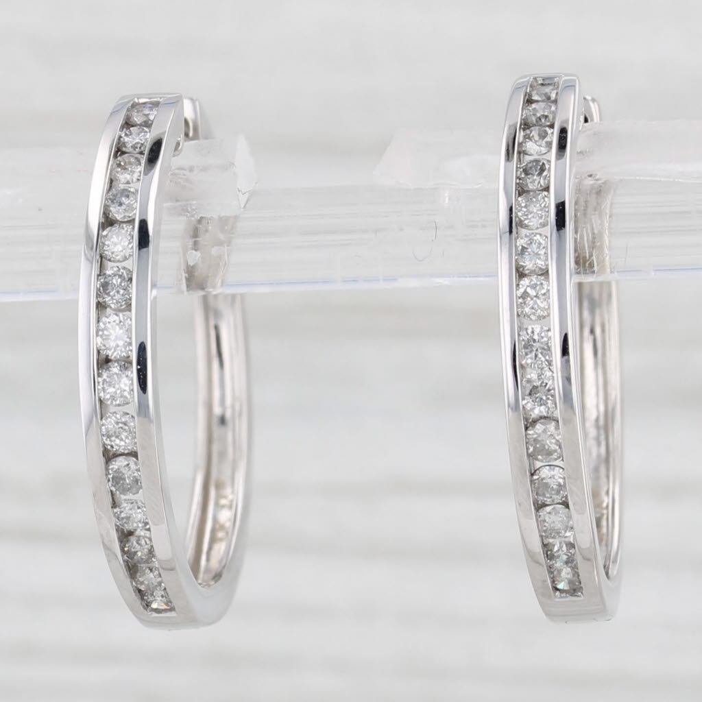 Light Gray 0.33ctw Diamond Hoop Earrings 10k White Gold Snap Top Round Hoops