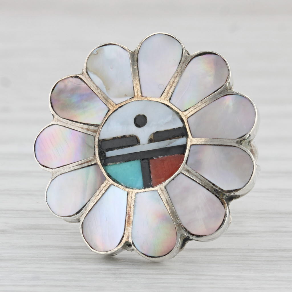 Light Gray Native American Mosaic Flower Ring Sterling Silver Zuni Laahte Turquoise Coral