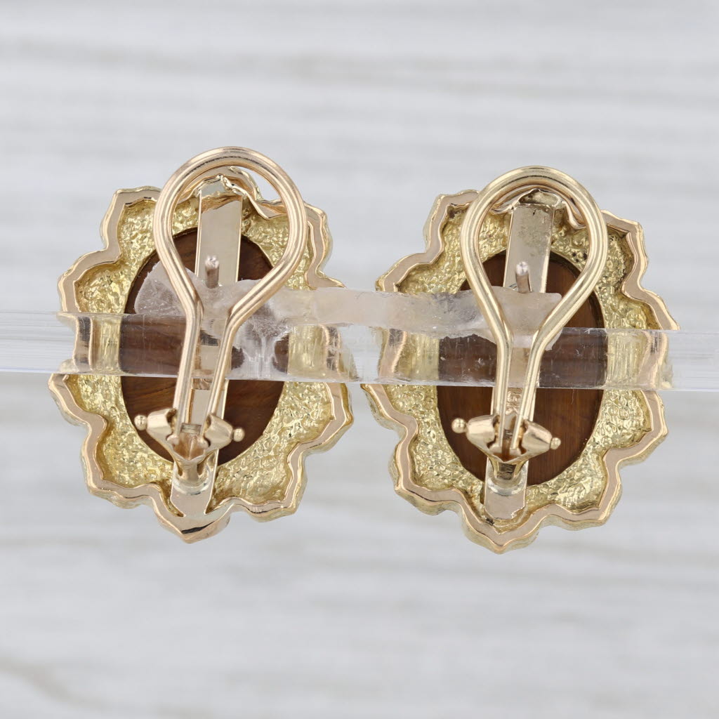 Vintage Tiger's Eye Cabochon Flower Statement Earrings 18k 14k Gold Omega Backs