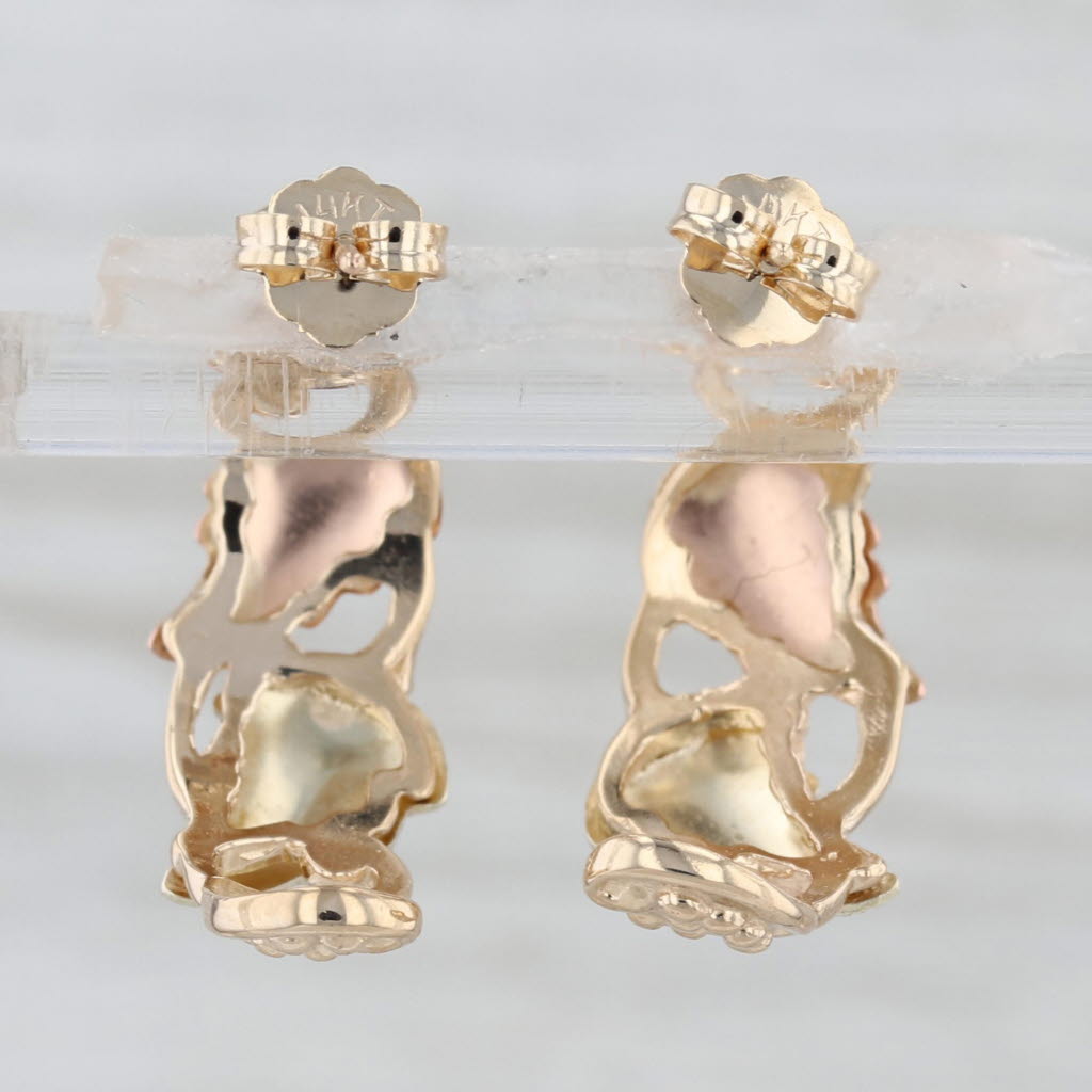 Black Hills Gold Half Hoop Earrings 10k Yellow Green Rose Gold Floral Leaf Motif