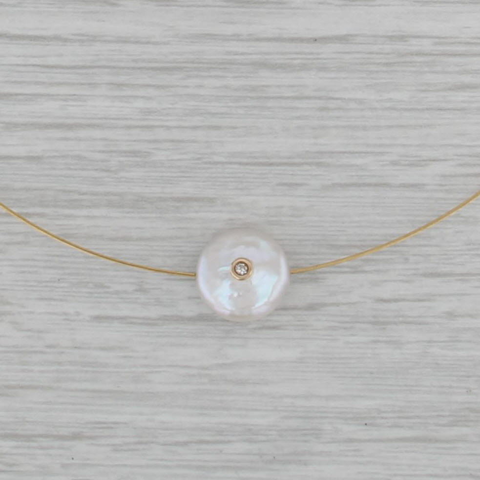 Cultured Pearl Diamond Slide Pendant Necklace 14k Yellow Gold 16" Omega Chain