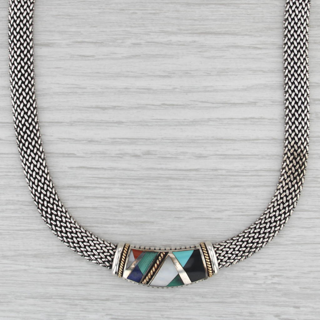 Asch Grossbardt Stone Mosaic Necklace Sterling Silver 18k Gold Mesh Chain 17.25"