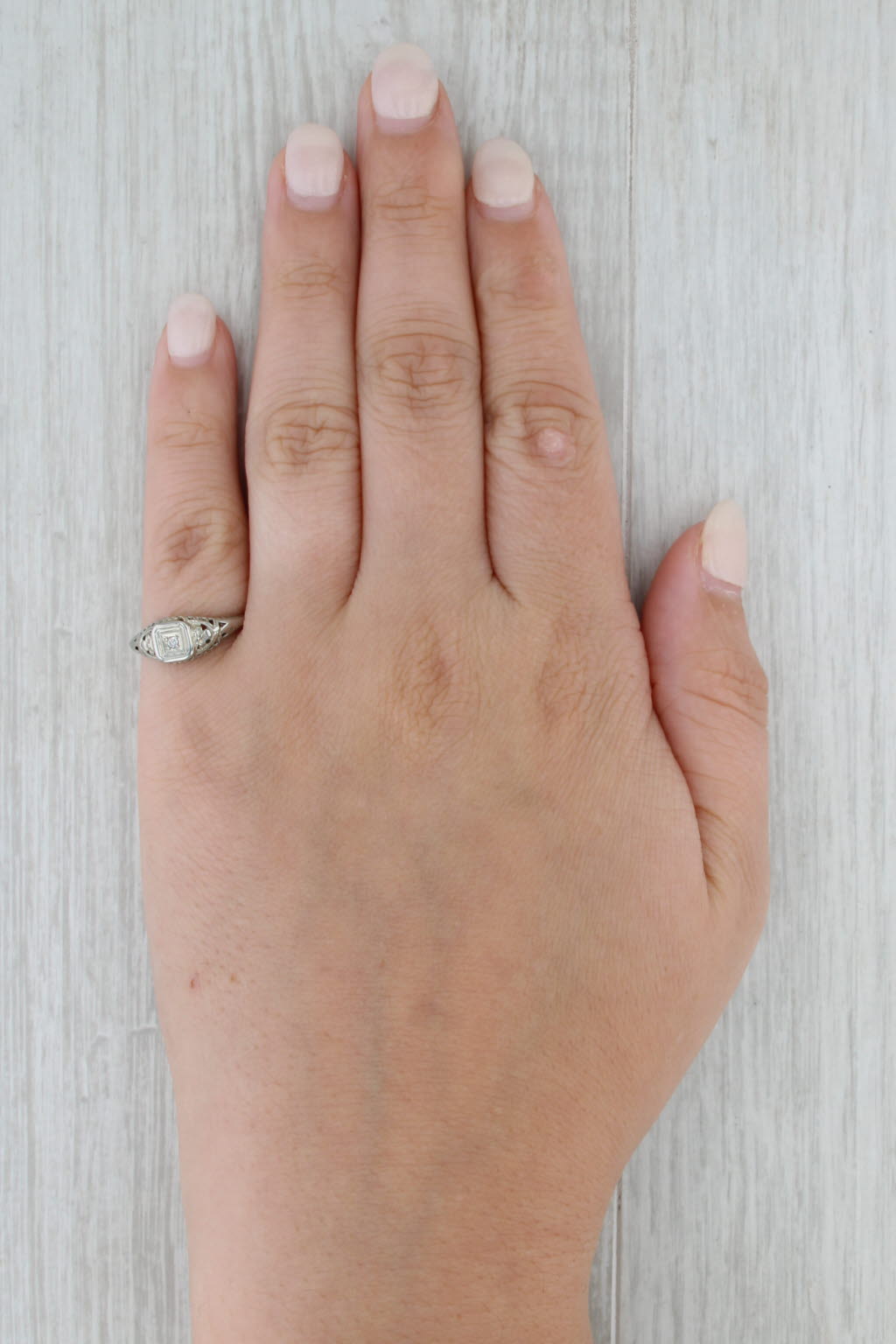Art Deco Diamond Solitaire Filigree Engagement Ring 18k White Gold Size 5.75
