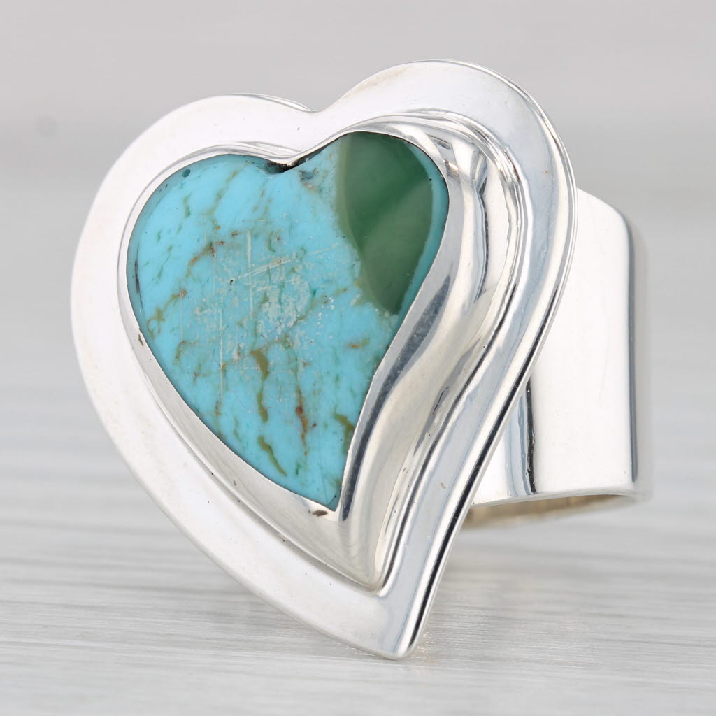 Light Gray Vintage Imitation Turquoise Heart Sterling SIlver Ring Size 6.5