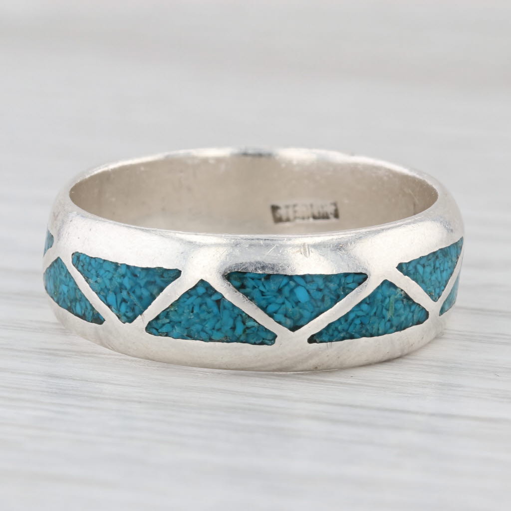 Vintage Southwestern Turquoise Mosaic Ring Sterling Silver Size 13.5 Men's Band