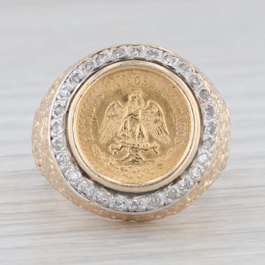 Gray 1945 Dos Pesos Mexican Coin Ring 14k Yellow Gold Nugget Band Size 9.75