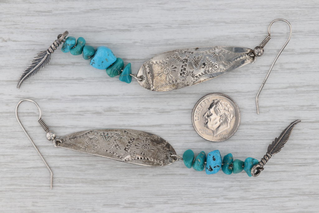 Gray Vintage Turquoise Bead Feather Dangle Earrings Sterling Silver Native Americans