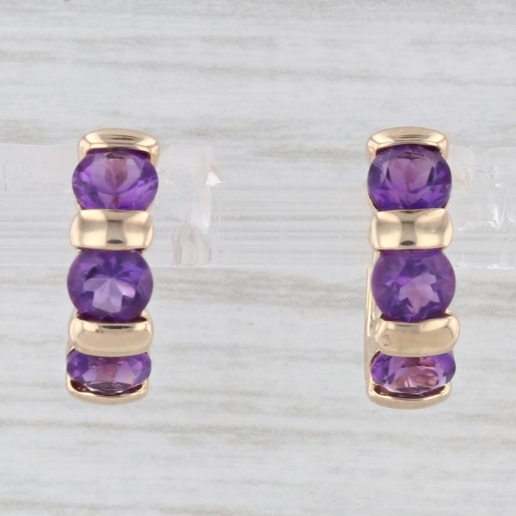 Light Gray 1.30ctw Amethyst Small Hoop Huggie Earrings 14k Yellow Gold Hinged Snap Top