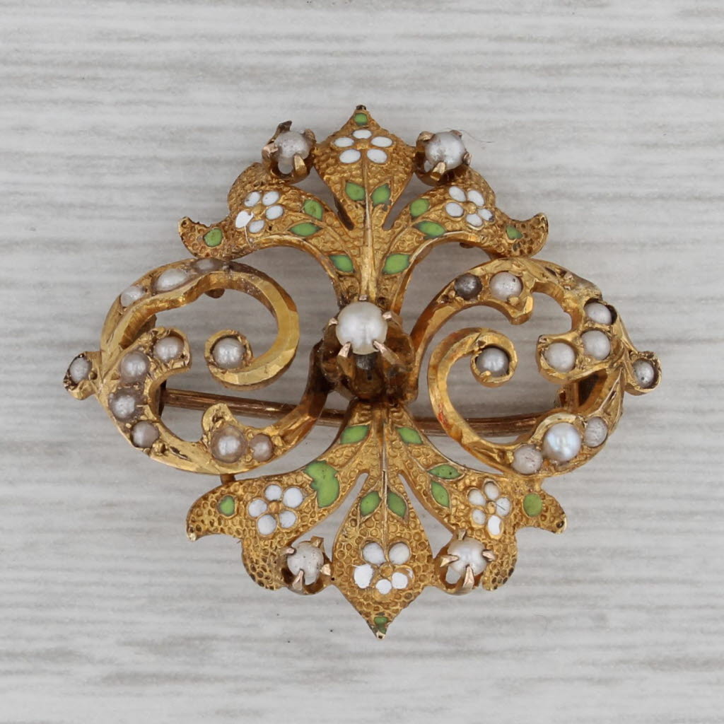 Gray Antique Floral Pearl Brooch Pendant 10k Yellow Gold Ornate Pin