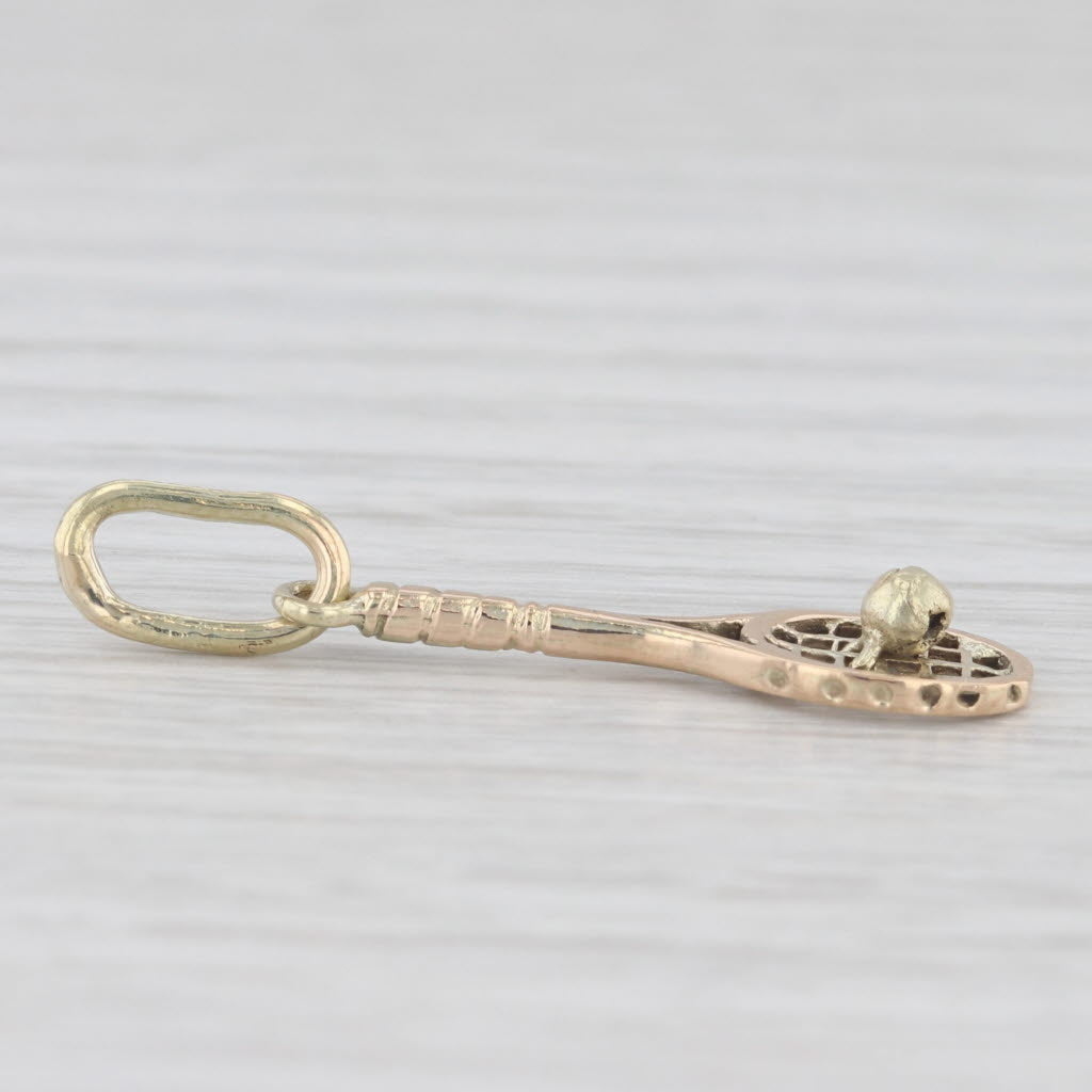 Light Gray Vintage Tennis Racquet & Ball Charm 14k Yellow Gold Pendant Moving Parts