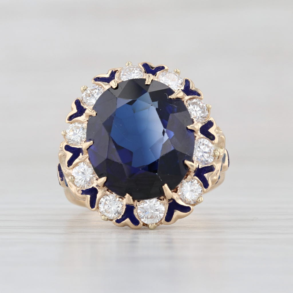 Vintage 8.90ctw Lab Created Sapphire Diamond Halo Ring 14k Yellow Gold Cocktail