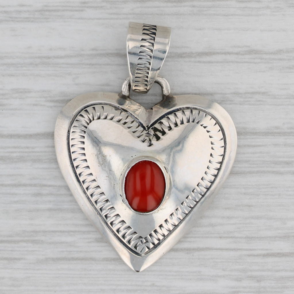 Gray Native American Coral Heart Pendant Sterling Silver Vintage RAS