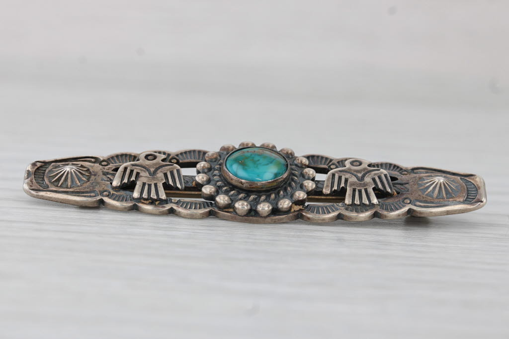 Gray Vintage Native American Eagle Turquoise Brooch Sterling Silver
