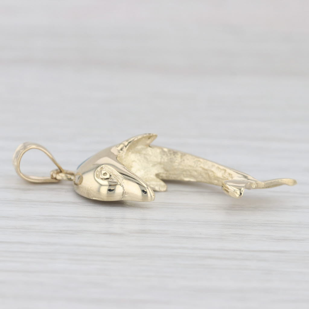 Light Gray Dolphin Pendant 14k Yellow Gold Turquoise Resin Nautical Jewelry