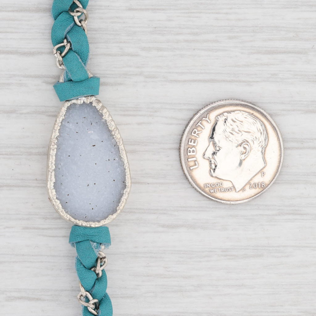 New Cordelia Nina Wynn Necklace Teal Leather White Druzy Quartz Pendant