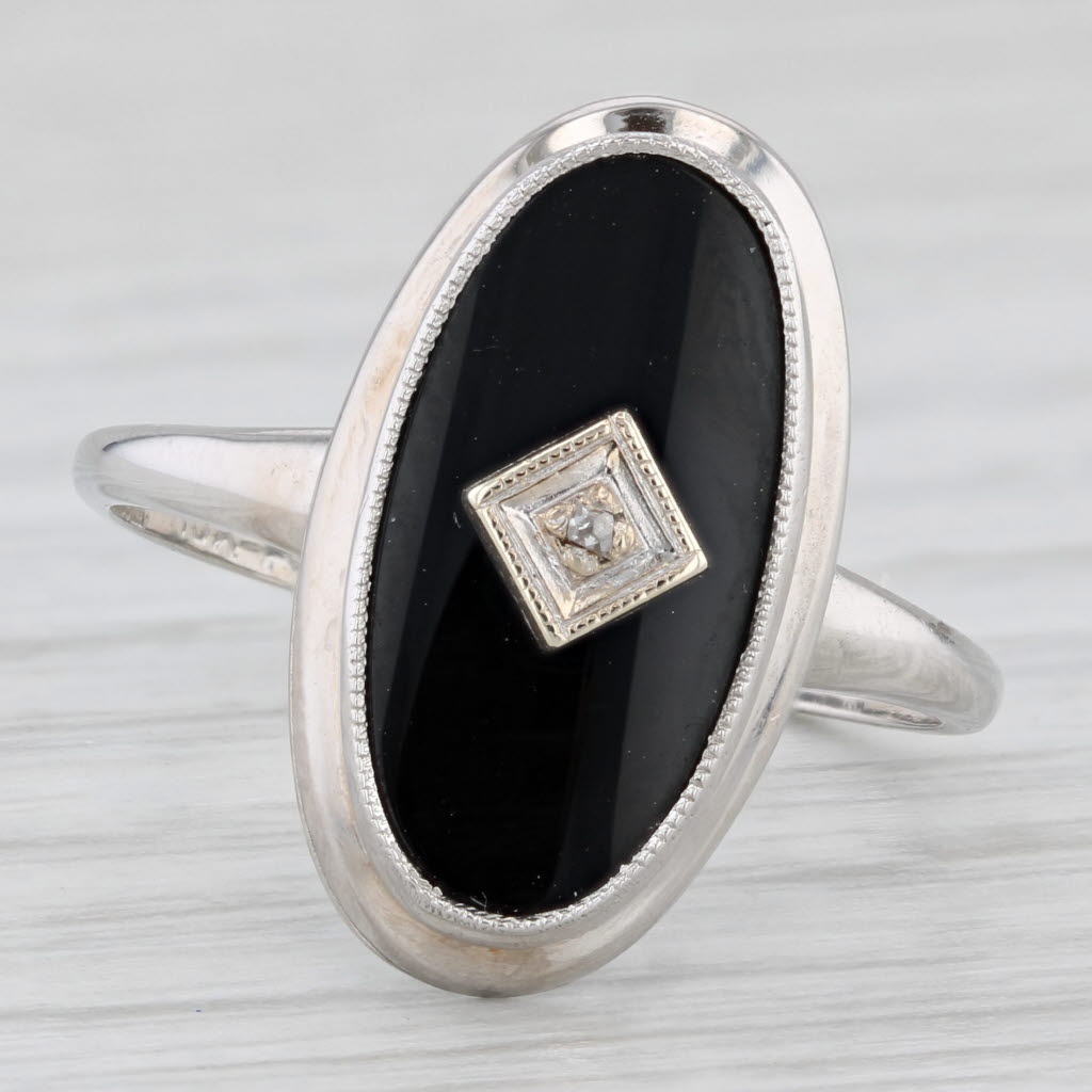 Light Gray Onyx Diamond Signet Ring 10k White Gold Size 7.5 Vintage