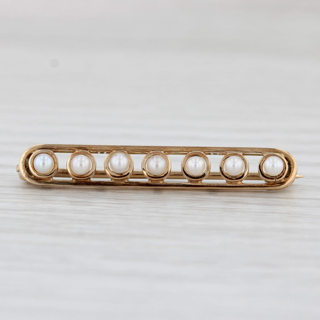 Light Gray Cultured Pearl Bar Pin 14k Yellow Gold Vintage Brooch