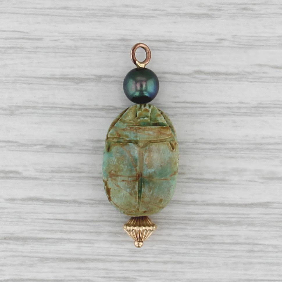 Faience Carved Scarab Black Pearl Pendant 14k Yellow Gold Charm Fob