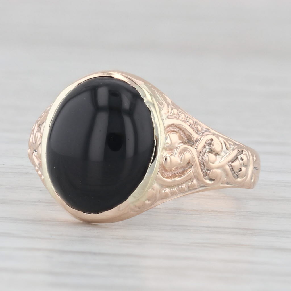 Light Gray Vintage Onyx Floral Ring 10k Rose Gold Oval Cabochon Solitaire Size 8.5