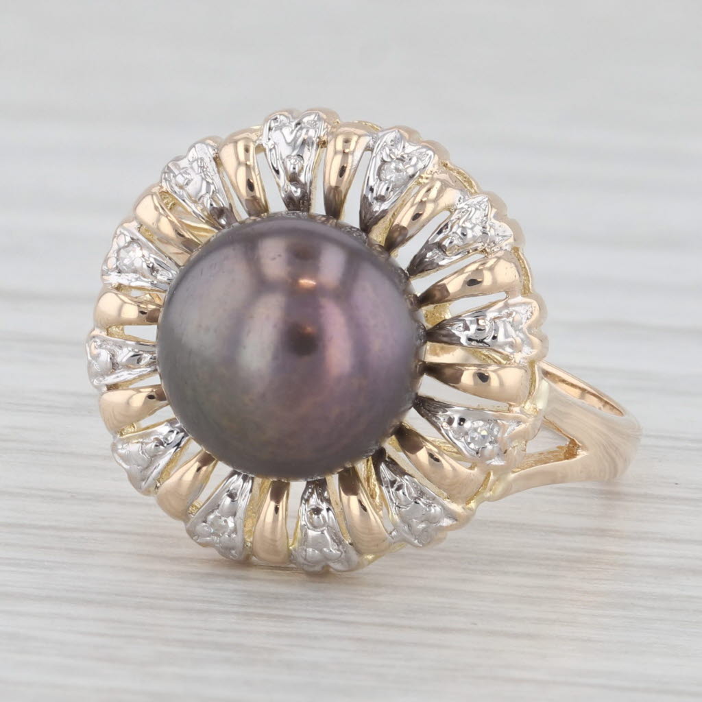 Light Gray Cultured Black Pearl Diamond Halo 14k Yellow Gold Ring Size 7.5