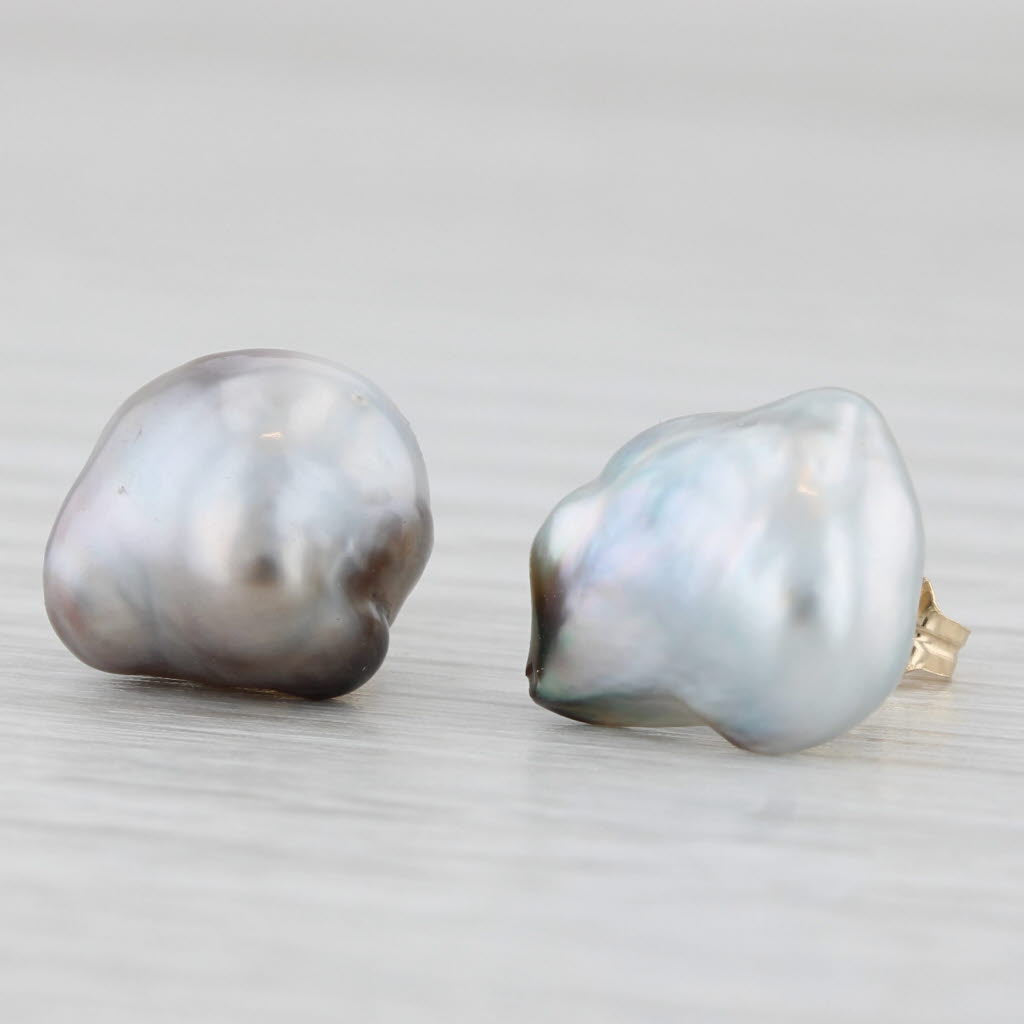 Light Gray Baroque Gray Black Cultured Pearl Stud Earrings 14k Yellow Gold