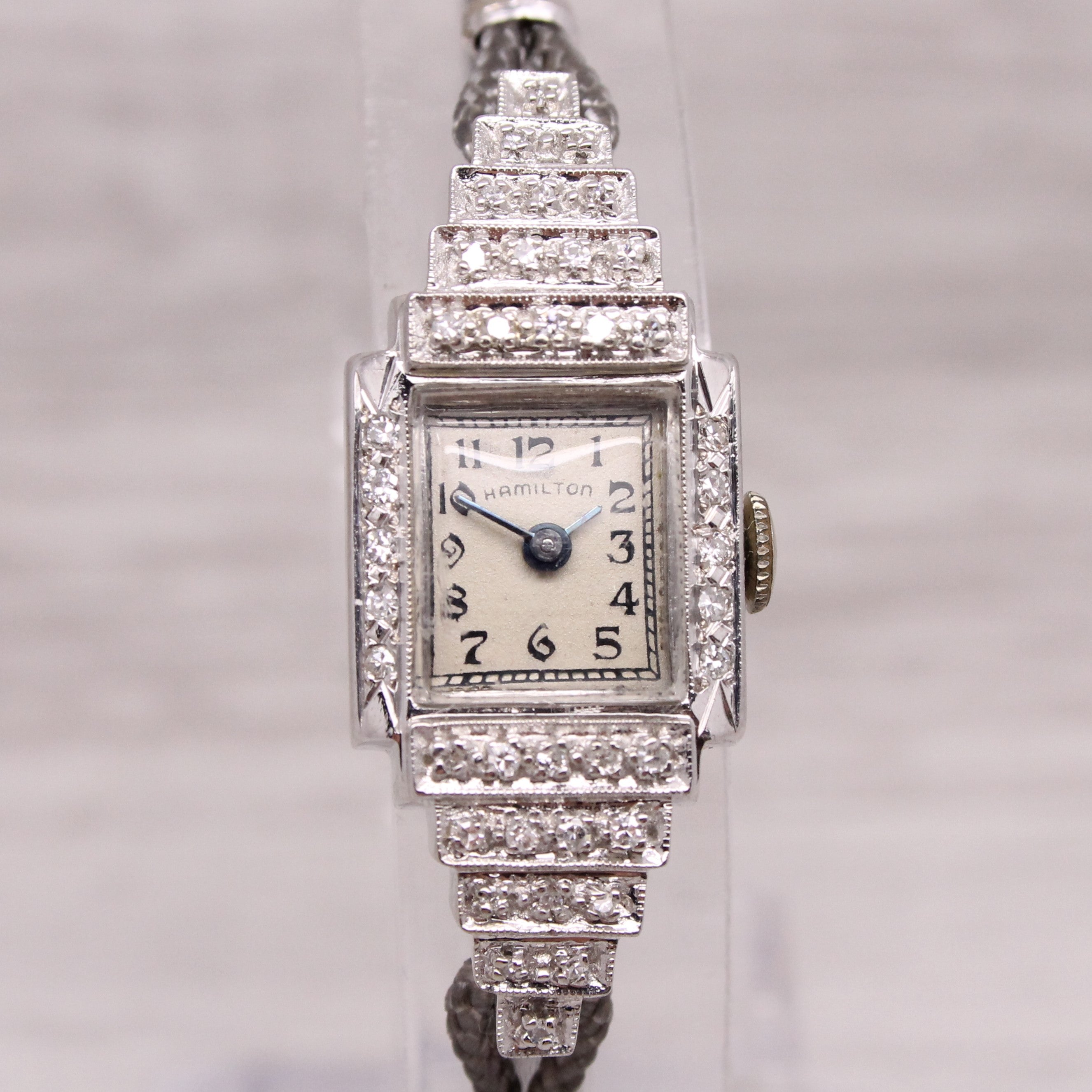 Gray Vintage c.1950s Hamilton 14k White Gold Diamond Ladies Watch 0.20ctw Stair Case