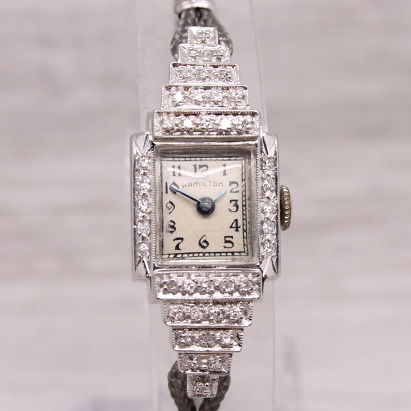 Vintage c.1950s Hamilton 14k White Gold Diamond Ladies Watch 0.20ctw Stair Case