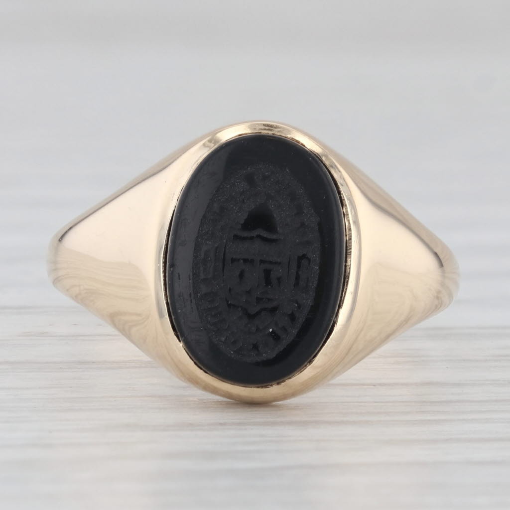 Light Gray Vintage Salem College Onyx Seal Signet School Ring 14k Yellow Gold Size 7.5