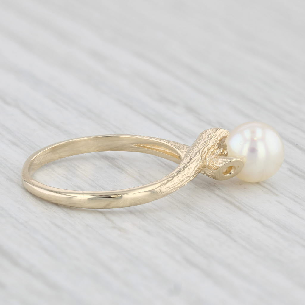 Light Gray Cultured Pearl Solitaire Ring 10k Yellow Gold Size 6.25 Woodgrain Etched Band