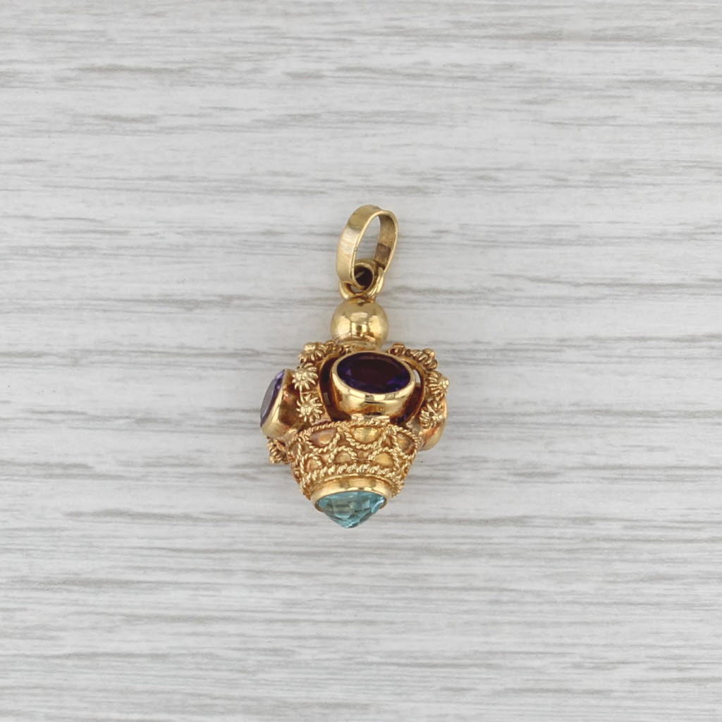 Etruscan Style 5.70ctw Topaz Amethyst Charm Pendant Fob 18k Gold Statement