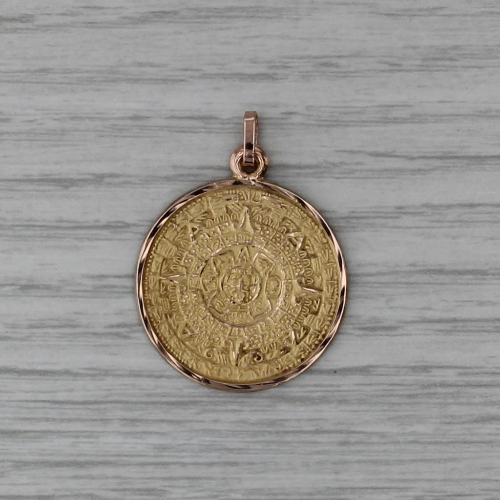 Aztec Mayan Sun Calendar Pendant 14k Yellow Gold Medallion