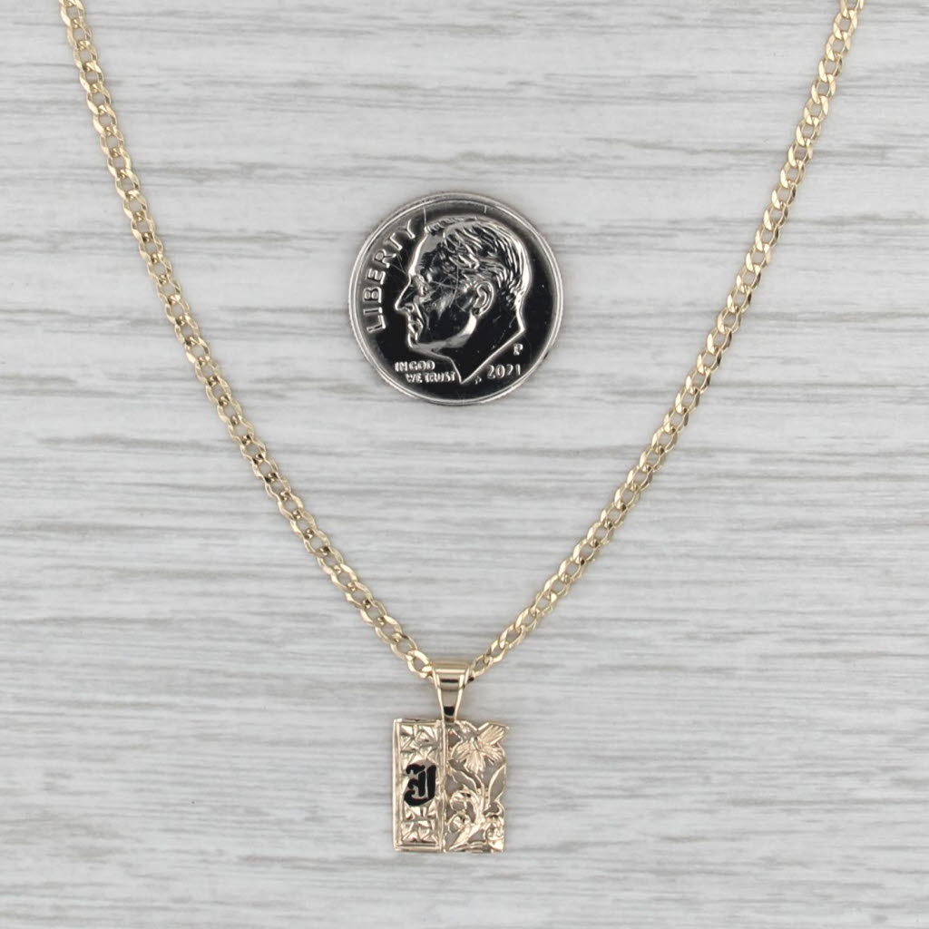 Hawaiian Style Old English J Floral Pendant Necklace 14k Gold 14" Curb Chain