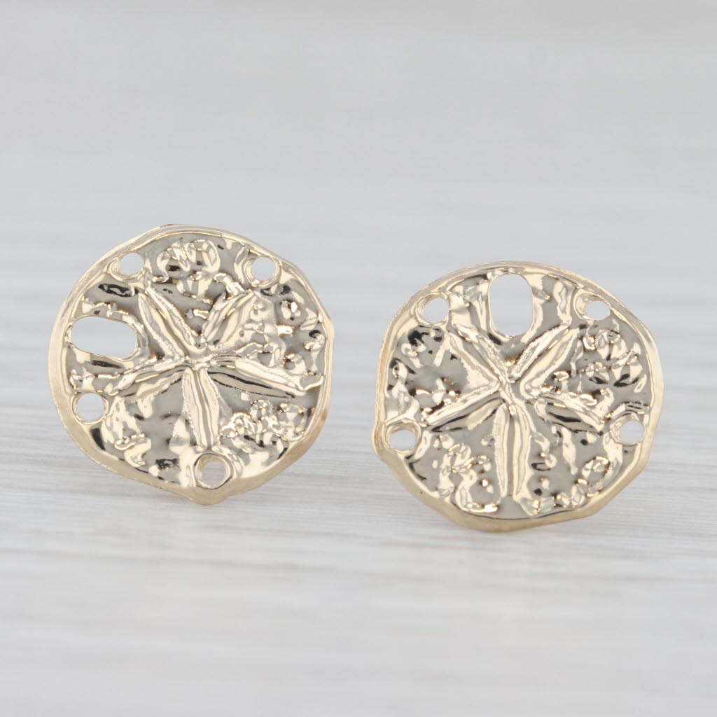 Light Gray Sand Dollar Stud Earrings 14k Yellow Gold Nautical Jewelry