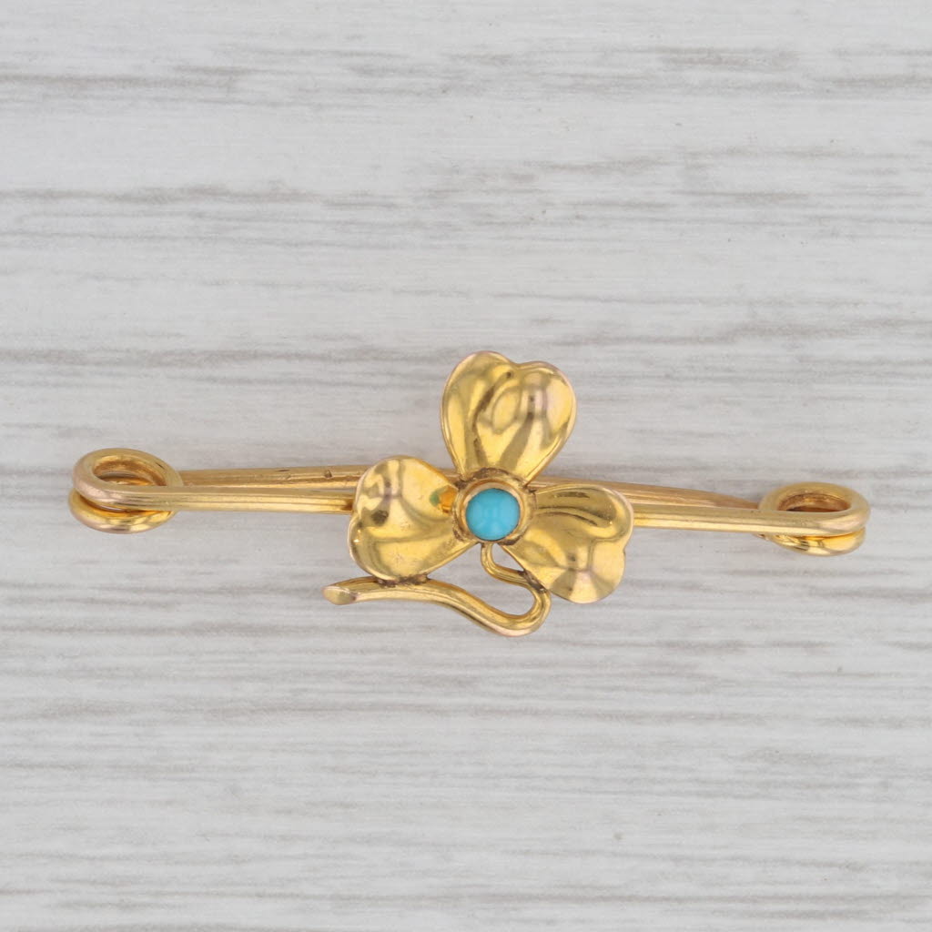 Gray Antique Glass Flower Clover Brooch 10k Yellow Gold Floral Pin