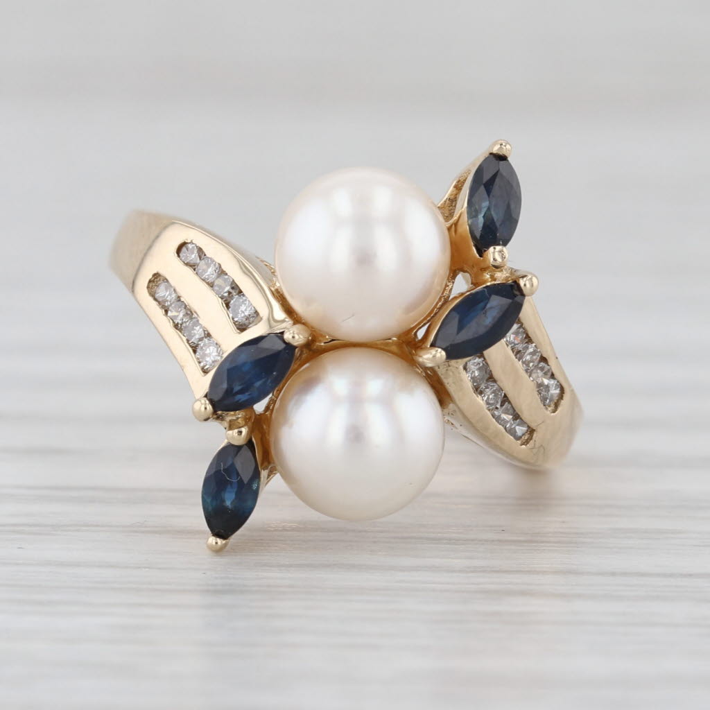 Culutred Pearl Sapphire Diamond Bypass Ring 14k Yellow Gold Size 6 Cocktail