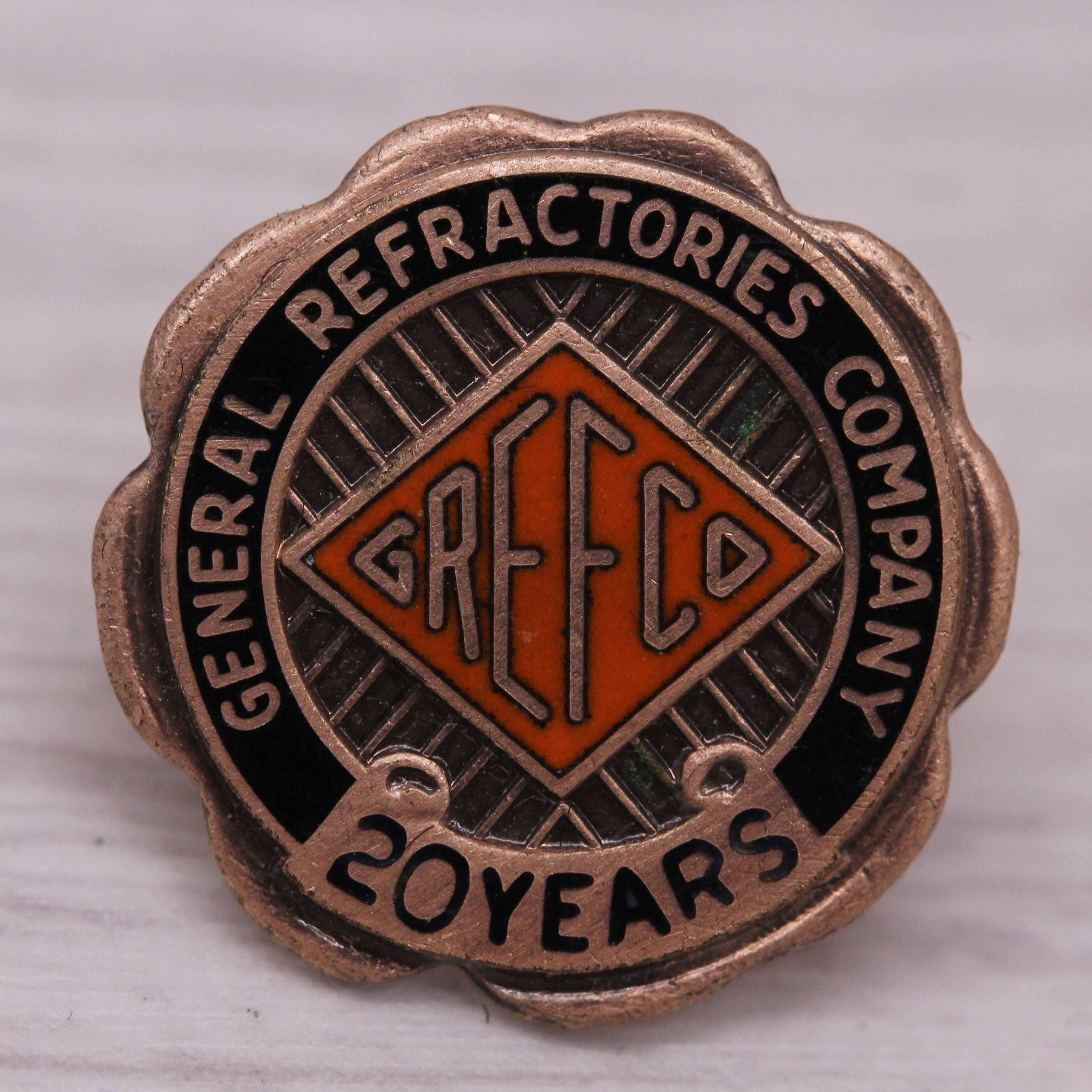 Dark Gray Vintage Greeco General Refractories Co. Gold Toned 20 Years Enamel Service Pin