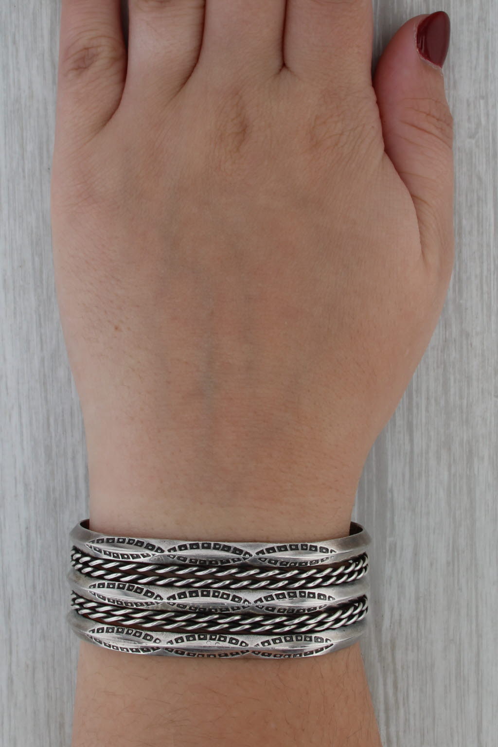 Vintage Native American Stamped Wide Band Cuff Bracelet Sterling Silver 6.75"