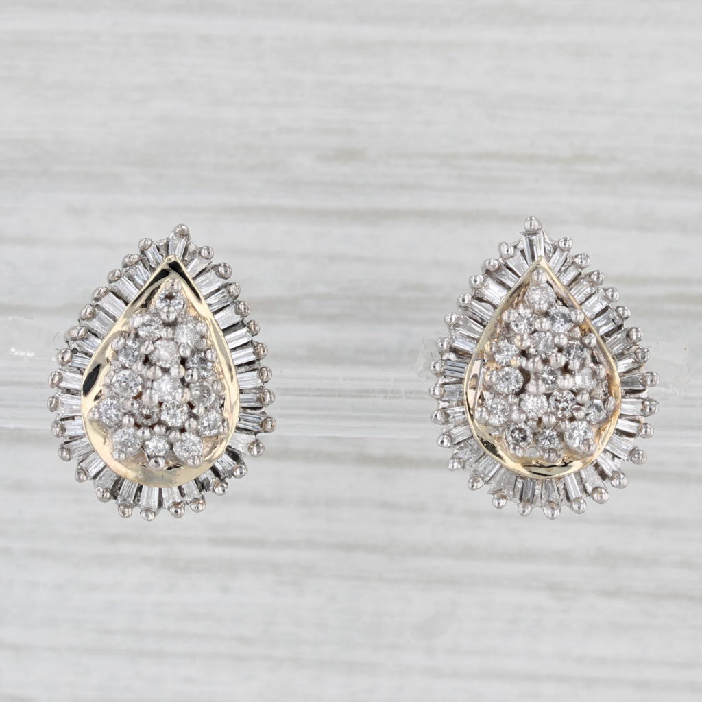 Light Gray 0.97ctw Diamond Cluster Teardrop Stud Earrings 10k Yellow Gold