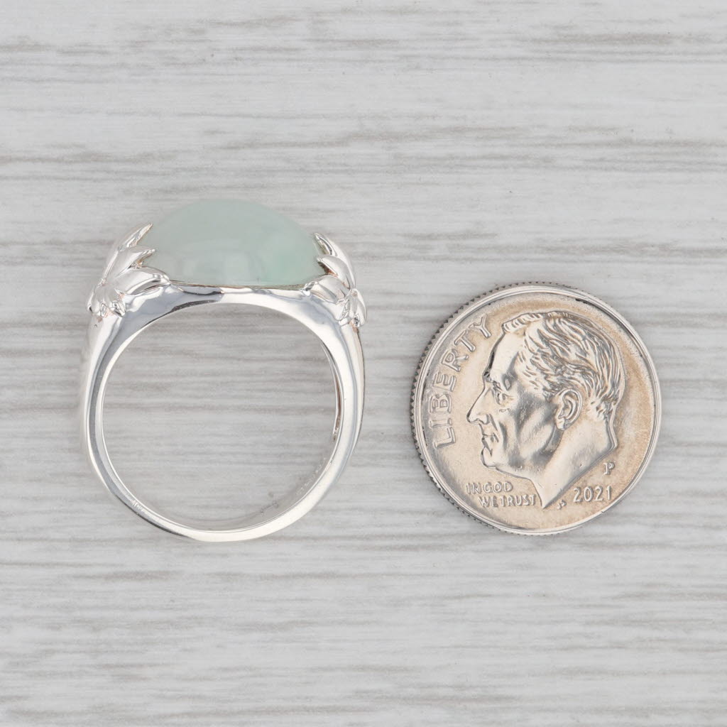 Gray Green Jadeite Jade Oval Cabochon Solitaire Ring Sterling Silver Size 6