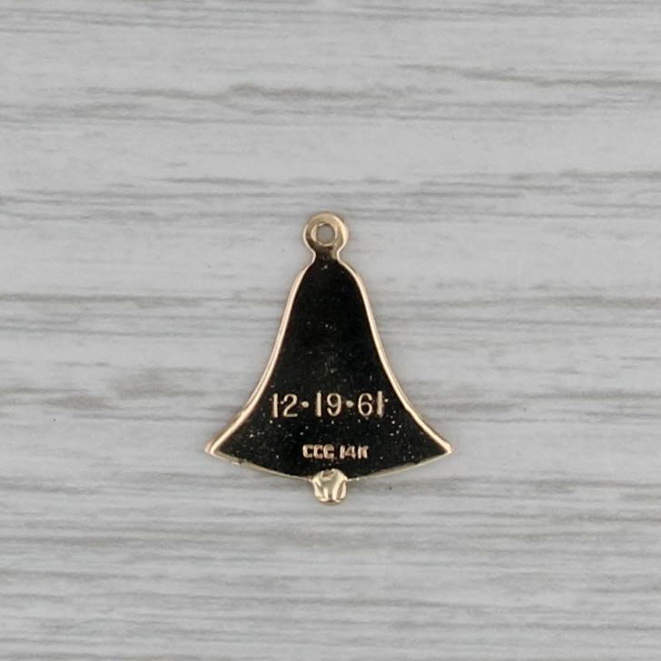 Vintage 10th Wedding Anniversary Bell Charm 14k Gold Enamel Engraved Pendant