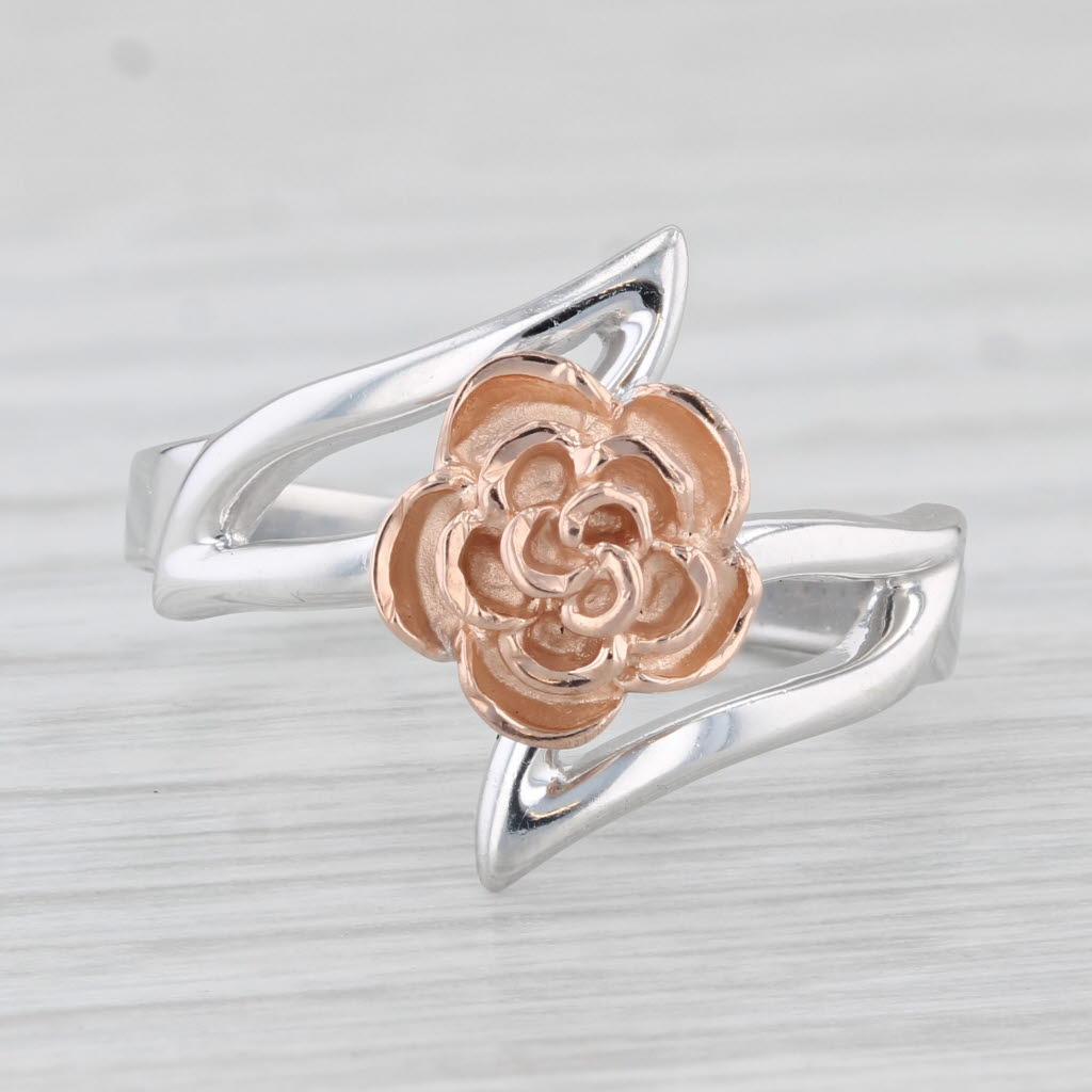 Light Gray Rose Bypass Flower Ring 10k Rose White Gold Size 7.75 - 8