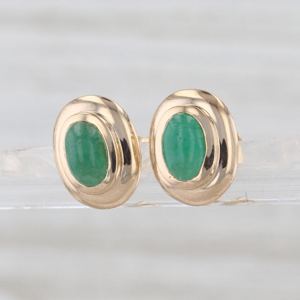 Emerald Oval Cabochon Solitaire Stud Earrings 14k Yellow Gold Studs