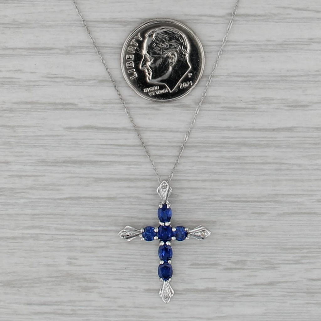 1.12ctw Lab Created Blue Sapphire Diamond Cross Pendant Necklace 18" Rope Chain