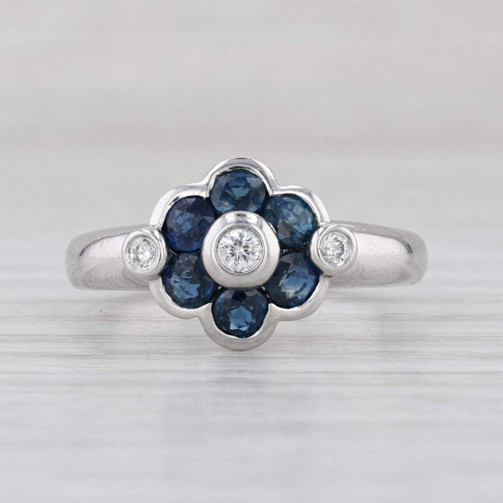 1ctw Blue Sapphire Diamond Flower Ring 14k White Gold Size 7
