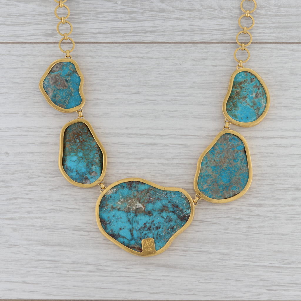New Nina Wynn Turquoise Statement Necklace Sterling 22k Gold Vermeil 20"