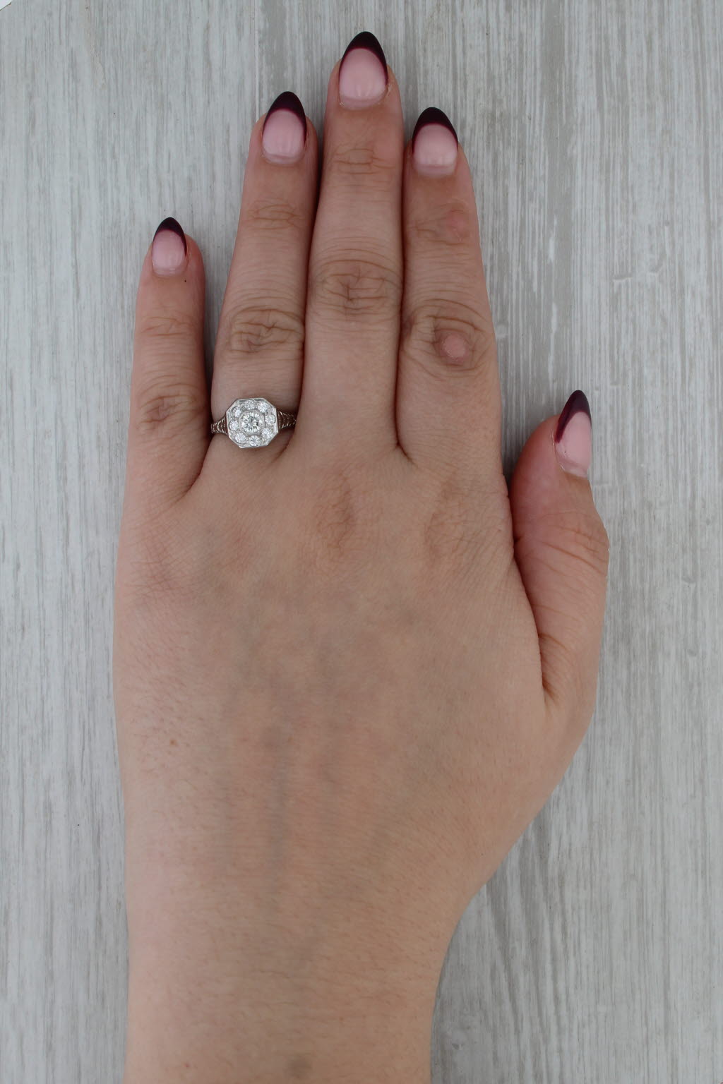 Antique Diamond Halo Engagement Ring Platinum Size 6.25 Wheat Etched